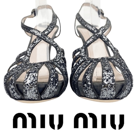 Miu Miu Silver Glitter Strap Sandal Heels / Ardesia / MSRP $956 / Women’s 8.5 - Picture 4 of 16